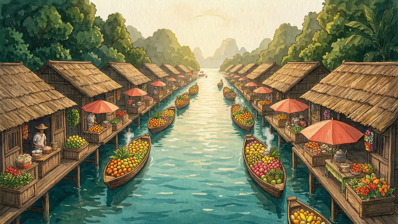Painted illustration of Floating markets near Bangkok